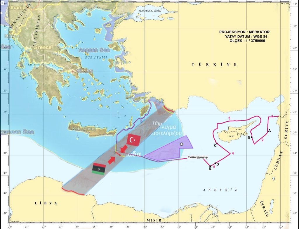 NAVTEX bölgesi, Libya-Türkiye MEB hattı, Türk muhtemel MEB'i ve Yunanistan iddialarını gösteren 2003 tarihli Sevilla Haritası'nın birlikte gösterimi